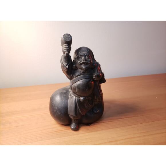 Late 19c Antique Metal Casting Japanese Statue Daikokuten Lucky God Bank - Picture 1 of 7